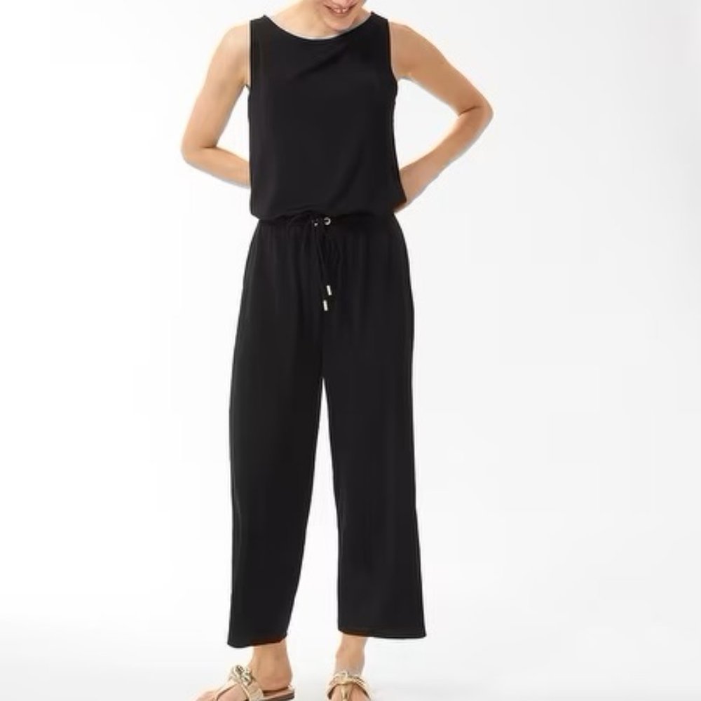 Chico's Taupe Sleeveless Wide-Leg Drawstring Jumpsuit - Picture 2 of 10